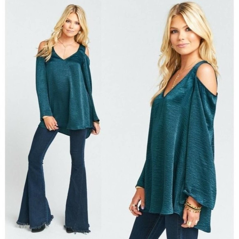 Show Me Your Mumu Dark Forest Silky Satin Boo Cold Shoulder Tunic Top Size XS